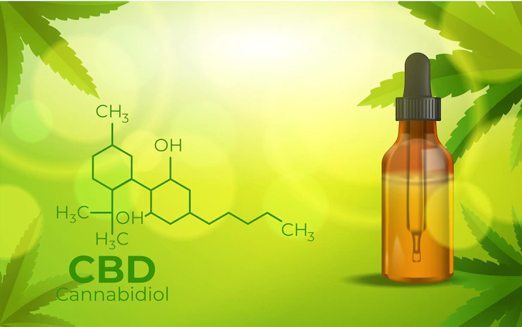Picture is showing cannabinol chemical formula and bottle of CBD oil
